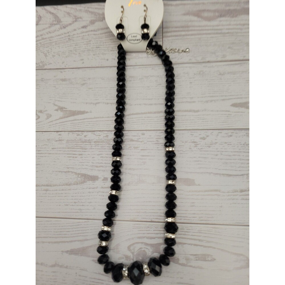 French Jet Black Glass Beaded Rhinestone Necklace & Earring Set